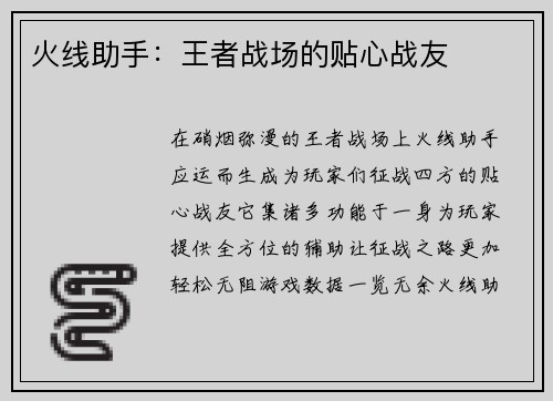 火线助手：王者战场的贴心战友