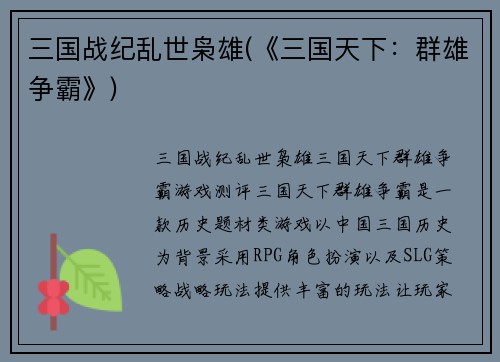 三国战纪乱世枭雄(《三国天下：群雄争霸》)